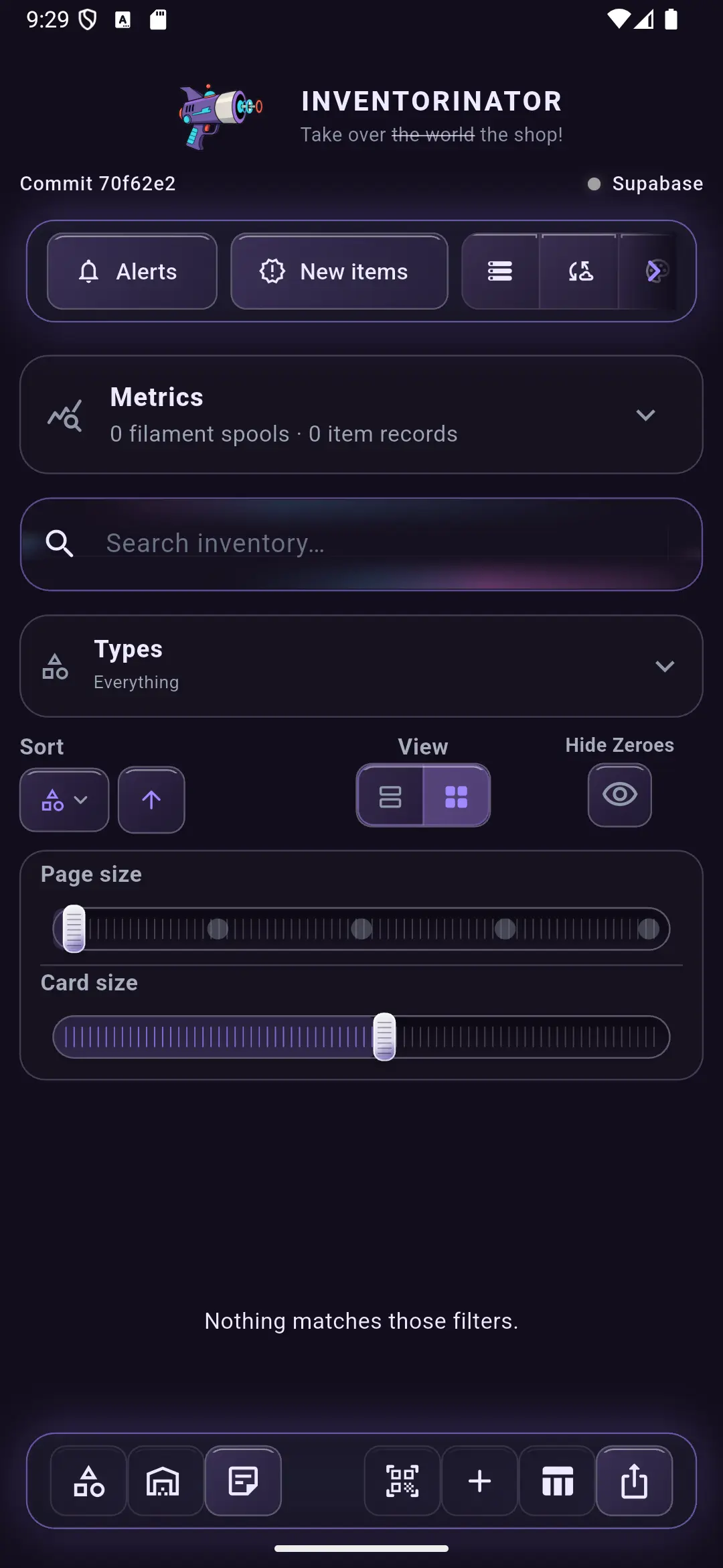 Inventorinator Android app showing search, filters, and inventory controls in a phone layout; this emulator has no items loaded